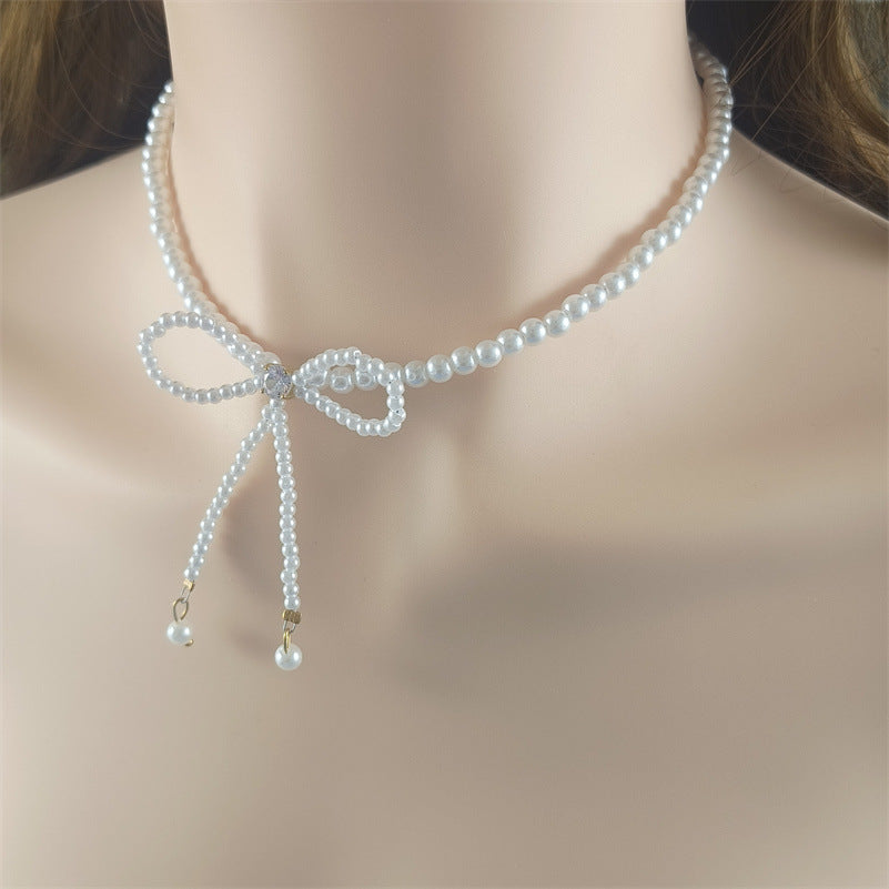 Fairy Bow Pearl Necklace with Inlaid Gem and White Pendant - Super in Titanium Steel Chain super fairy bow pearl