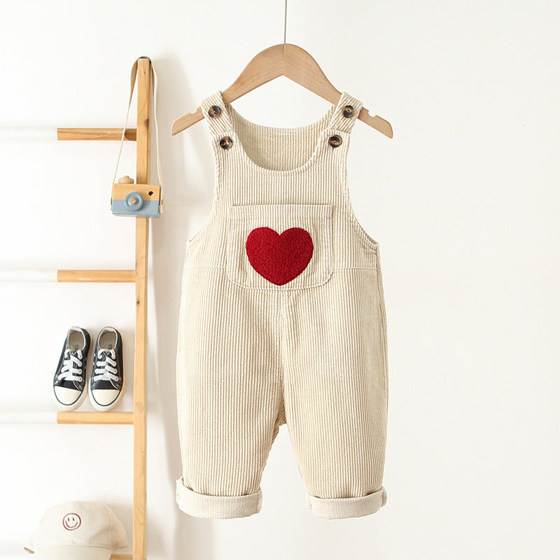 Suspender Pants Boys And Girls Corduroy Love Embroidered Jumpsuit - Suspender Pants for Kids in Trendy Corduroy Style