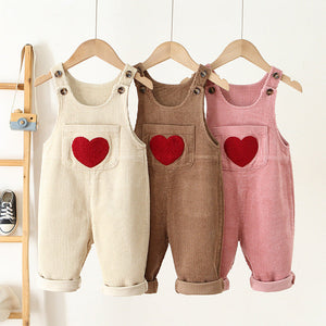 Suspender Pants Boys And Girls Corduroy Love Embroidered Jumpsuit - Suspender Pants for Kids in Trendy Corduroy Style