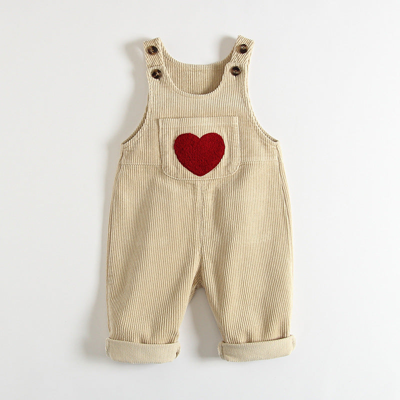 Suspender Pants Boys And Girls Corduroy Love Embroidered Jumpsuit - Suspender Pants for Kids in Trendy Corduroy Style