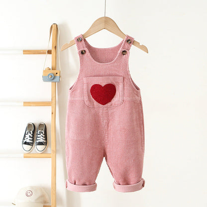 Suspender Pants Boys And Girls Corduroy Love Embroidered Jumpsuit - Suspender Pants for Kids in Trendy Corduroy Style