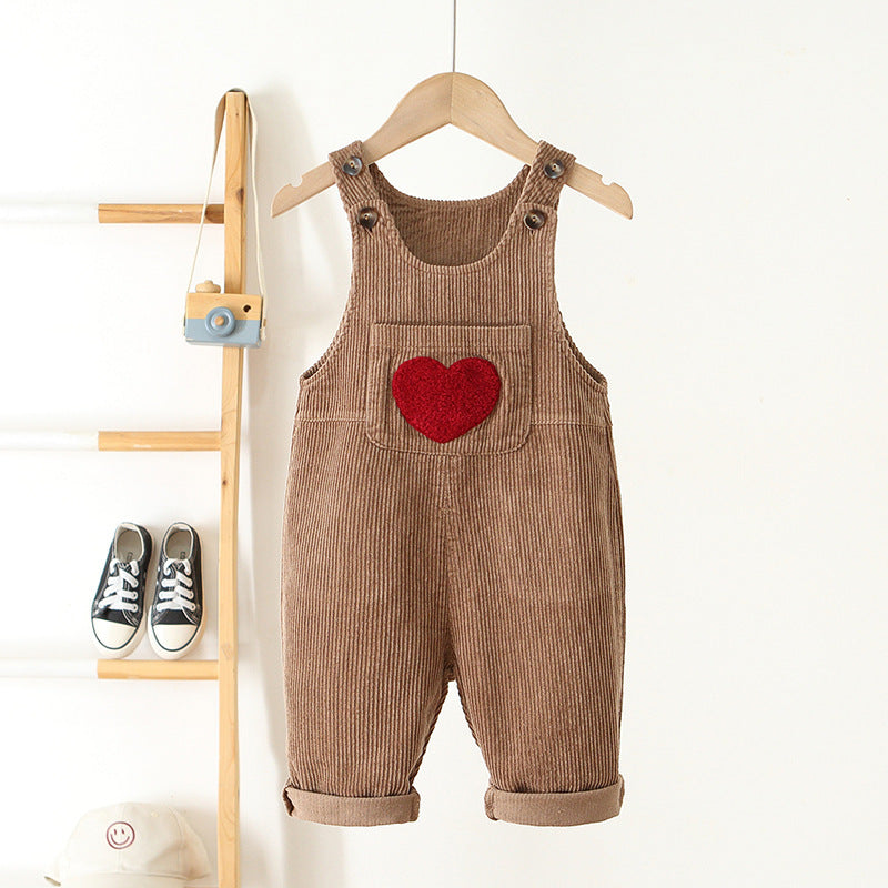 Suspender Pants Boys And Girls Corduroy Love Embroidered Jumpsuit - Suspender Pants for Kids in Trendy Corduroy Style