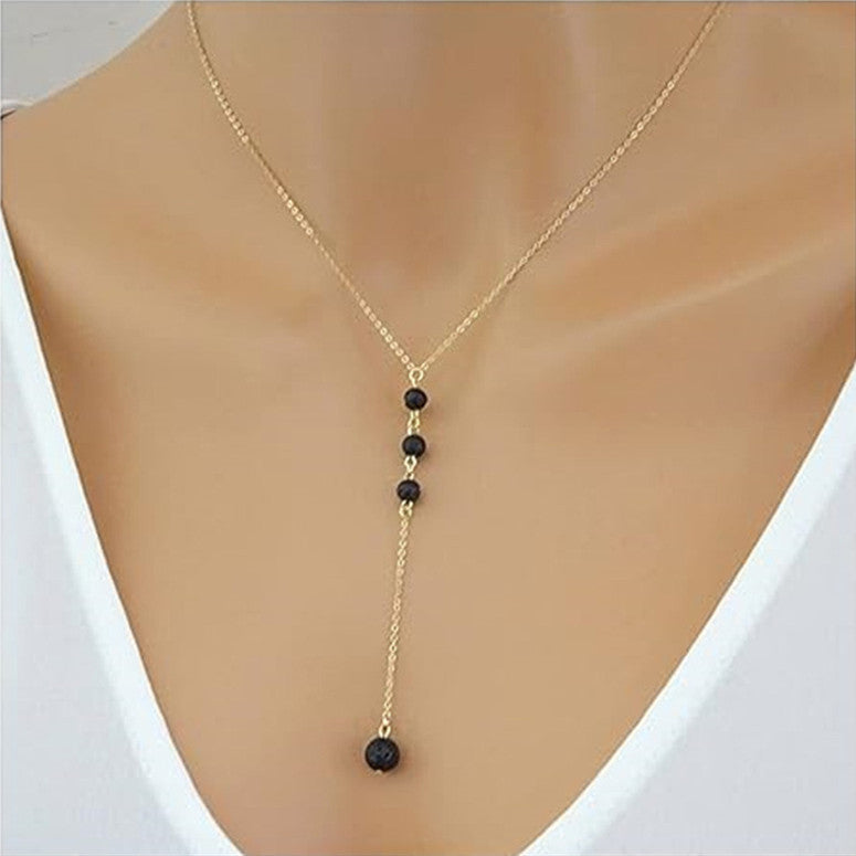 Obsidian Volcanic Rock Pendant Necklace with Alloy Chain for Women - Sweet Y-shaped obsidian volcanic rock pendant