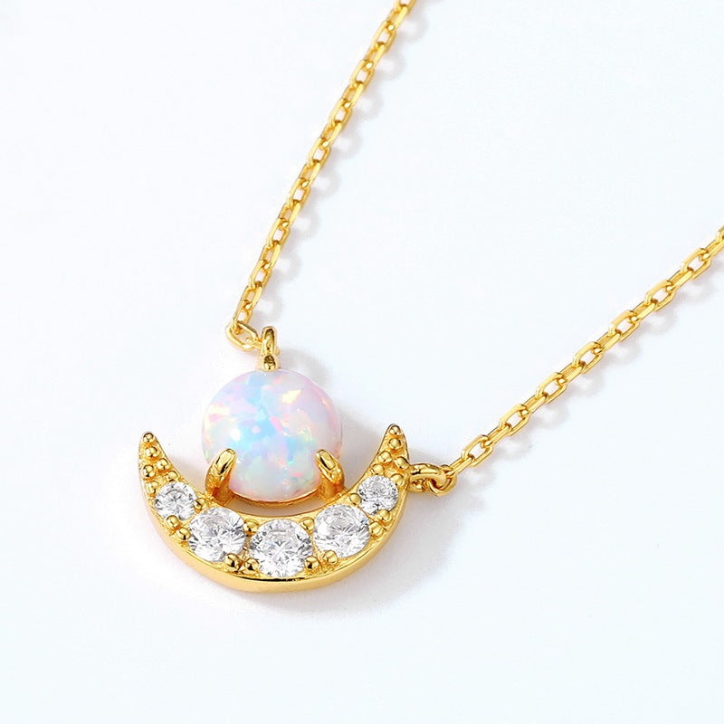 Synthetic Opal Star Moon Silver Necklace with Inlaid Gem Pendant - 925 synthetic opal star moon silver necklace