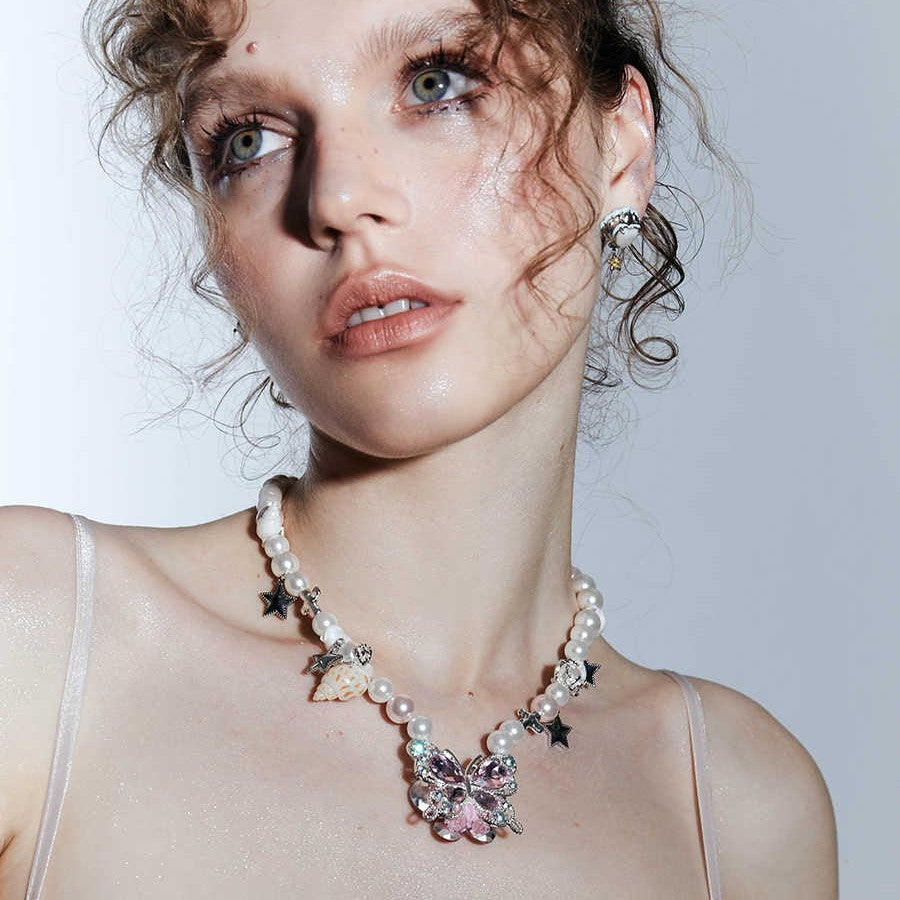 Teenage Butterfly Star Pendant Necklace with Mother-of-Pearl Charm and Chain - for Girls teenage butterfly star charm