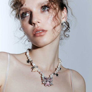 Teenage Butterfly Star Pendant Necklace with Mother-of-Pearl Charm and Chain - for Girls teenage butterfly star charm