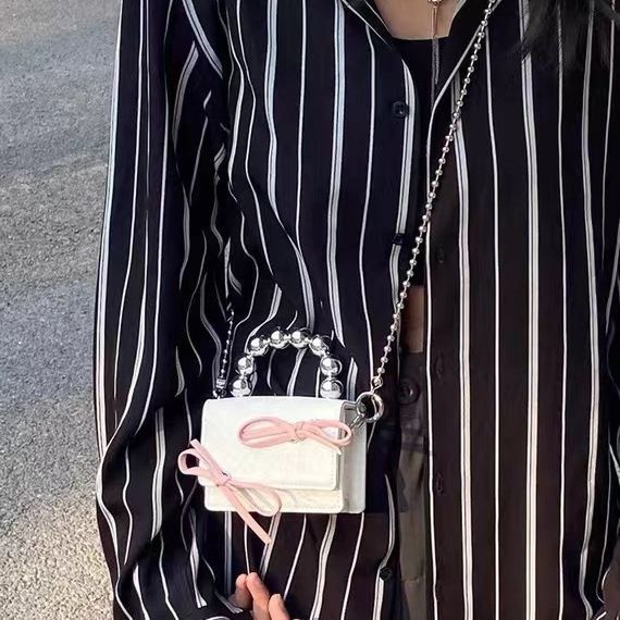 Textured Cute Bow Mini Chain Handbag with Interior Pocket and PU Outer Bag - Teleplus textured cute bow mini chain