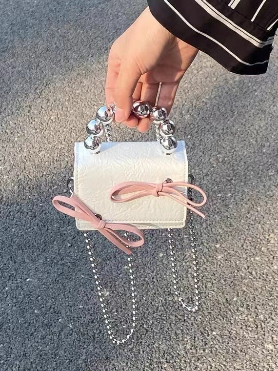Textured Cute Bow Mini Chain Handbag with Interior Pocket and PU Outer Bag - Teleplus textured cute bow mini chain