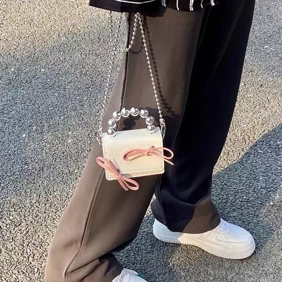 Textured Cute Bow Mini Chain Handbag with Interior Pocket and PU Outer Bag - Teleplus textured cute bow mini chain