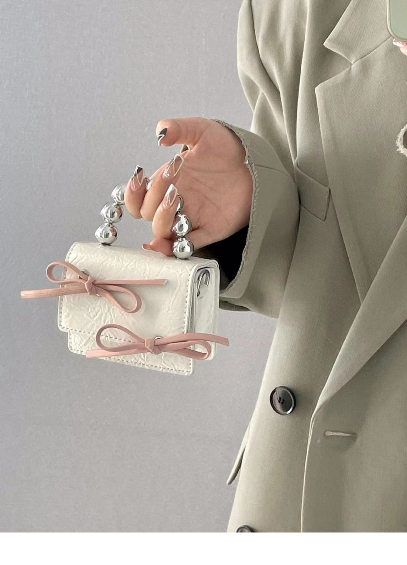 Textured Cute Bow Mini Chain Handbag with Interior Pocket and PU Outer Bag - Teleplus textured cute bow mini chain