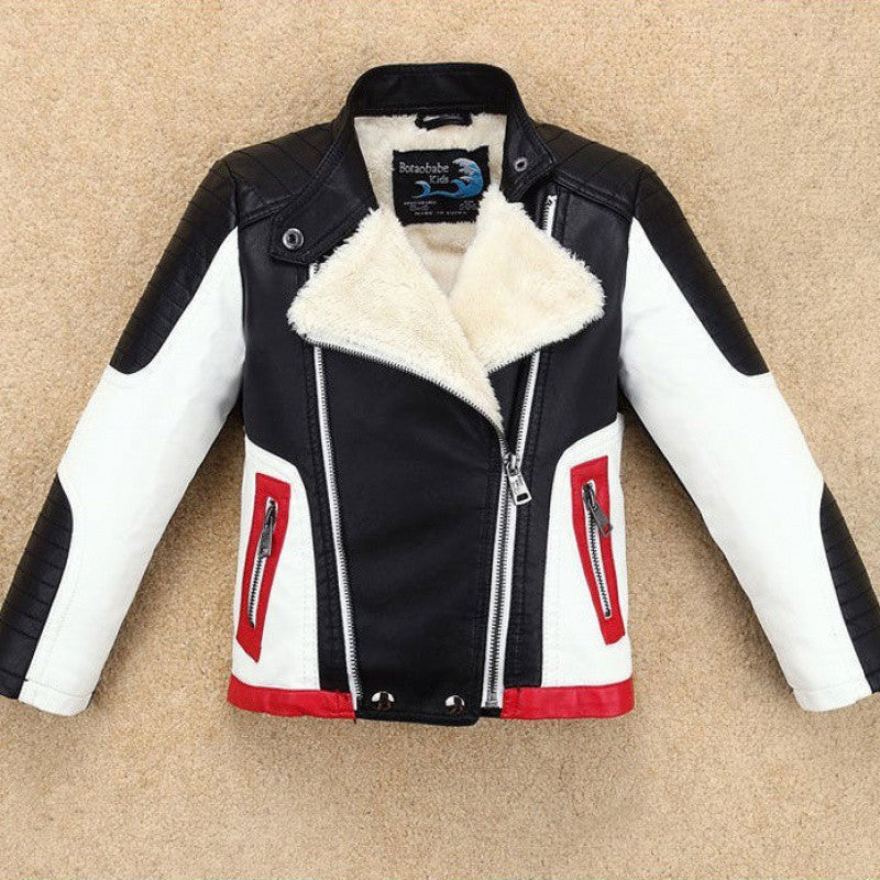 Thickened Leather Jacket for Children Over 8 Black or Red Spring Autumn - Teleplus thickened leather jacket