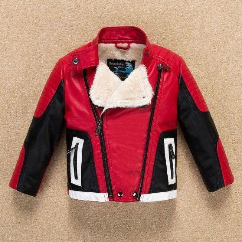 Thickened Leather Jacket for Children Over 8 Black or Red Spring Autumn - Teleplus thickened leather jacket