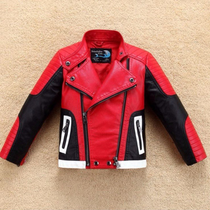Thickened Leather Jacket for Children Over 8 Black or Red Spring Autumn - Teleplus thickened leather jacket