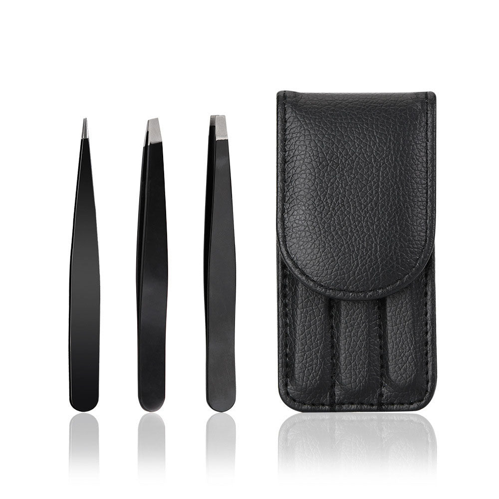 Three Piece Set Stainless Steel Eyebrow and Eyelash Plucking Forceps with Leather Pattern - Perfect Your Brows Tools