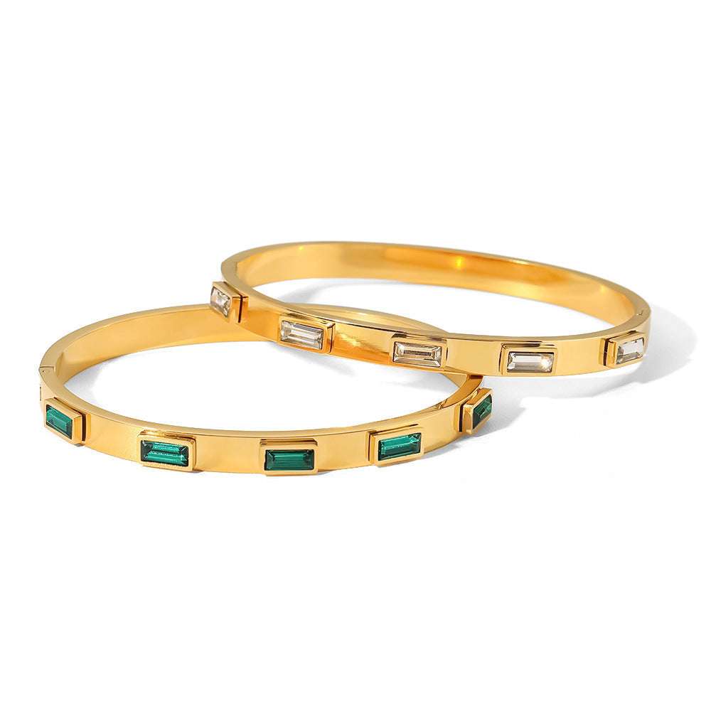 Titanium Steel Bracelet All-match Greenwhite Rectangular Zircon Inlaid - Titanium Steel Bracelet with Greenwhite Zircon