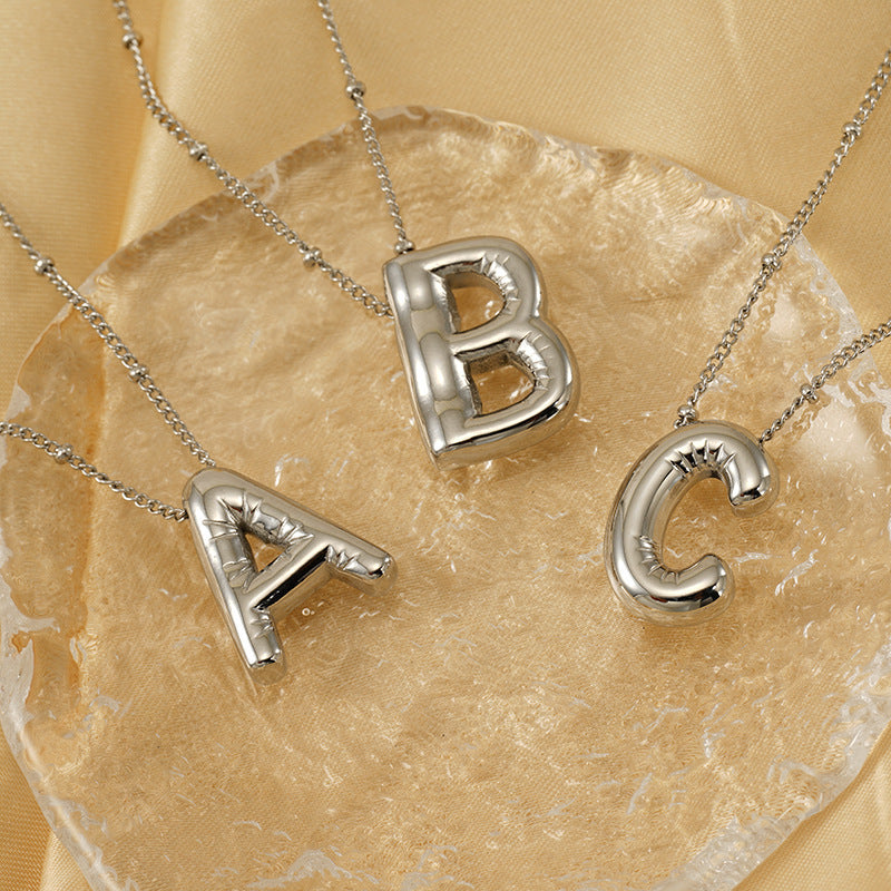 Titanium Steel Silver Letter Pendant Necklace with Glossy Chain - titanium steel silver glossy letter pendant