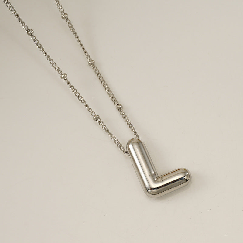 Titanium Steel Silver Glossy English Letter Pendant - Titanium Steel Silver Glossy Letter Pendant Necklace