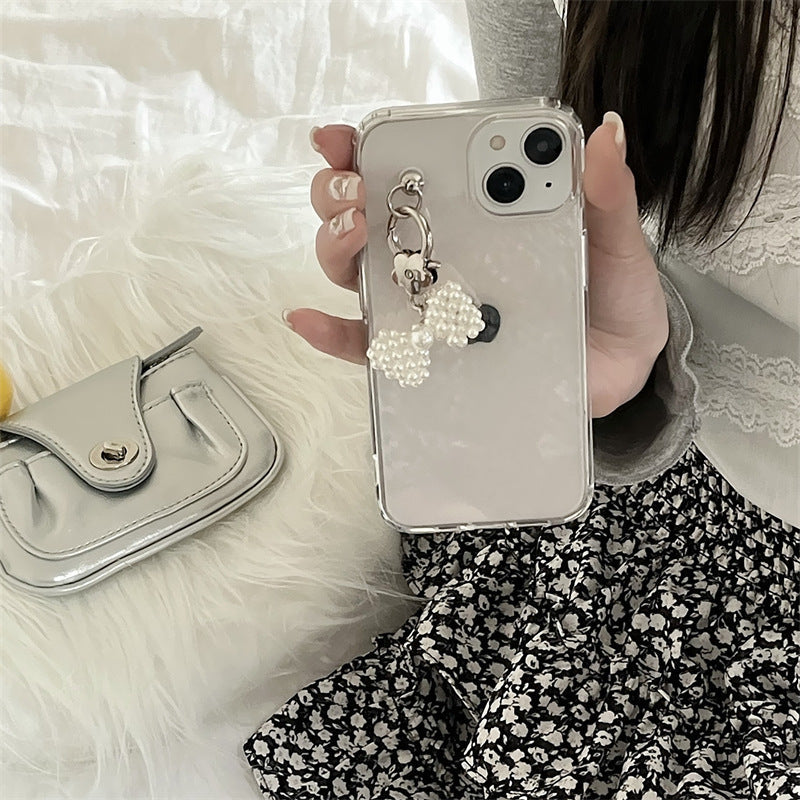 Transparent Pearl Bow Pendant Phone Case with Design - transparent pearl bow pendant phone