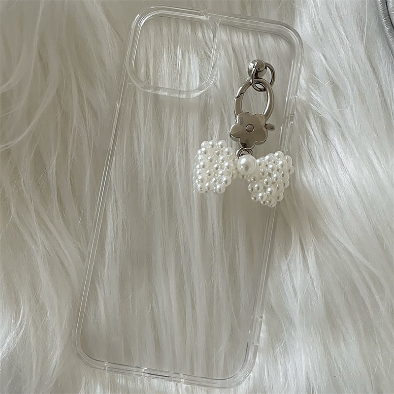 Transparent Pearl Bow Pendant Phone Case with Design - transparent pearl bow pendant phone