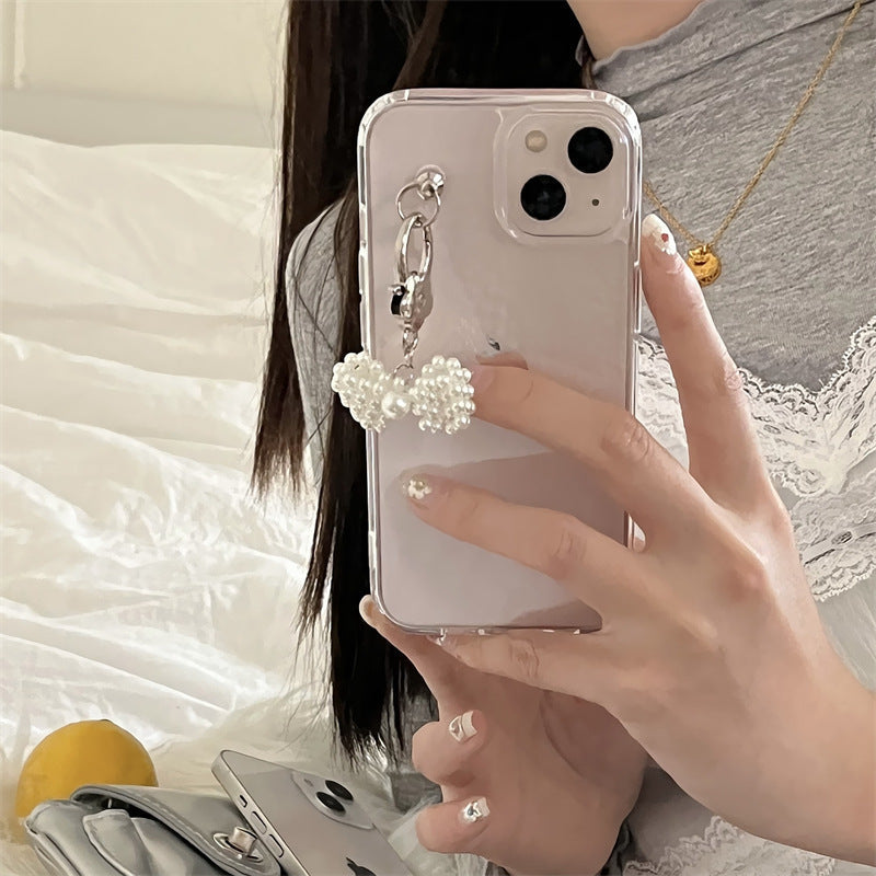 Transparent Pearl Bow Pendant Phone Case with Design - transparent pearl bow pendant phone
