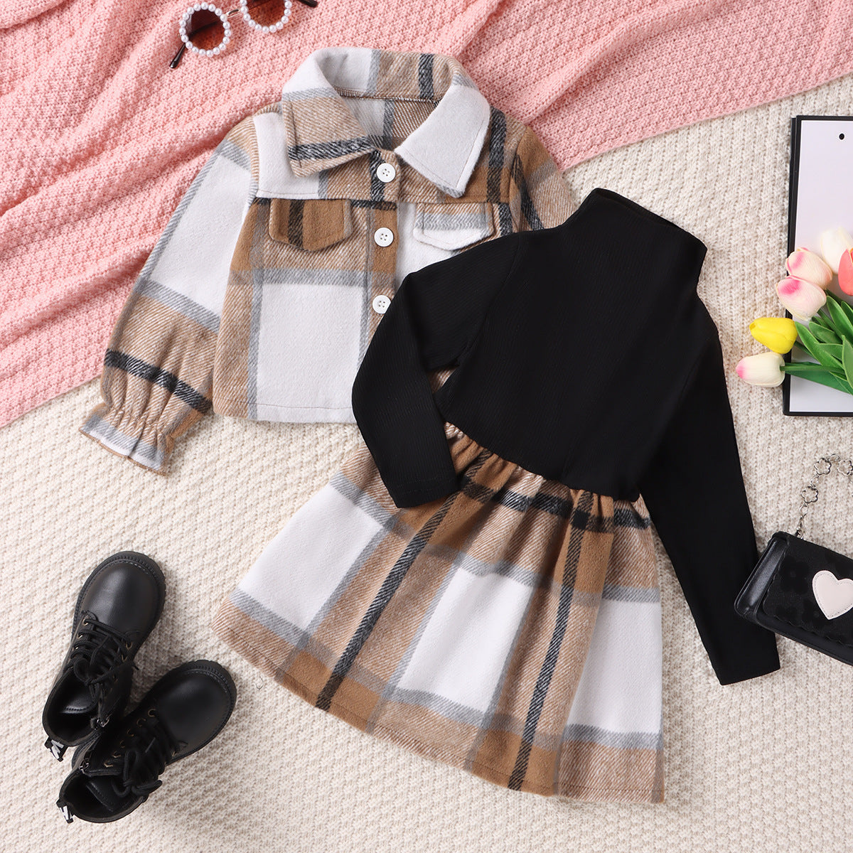 Plaid Black Suit for Girls with Turtleneck Dress Style - Jacket Set Tiny Trendsetters turtleneck plaid dress