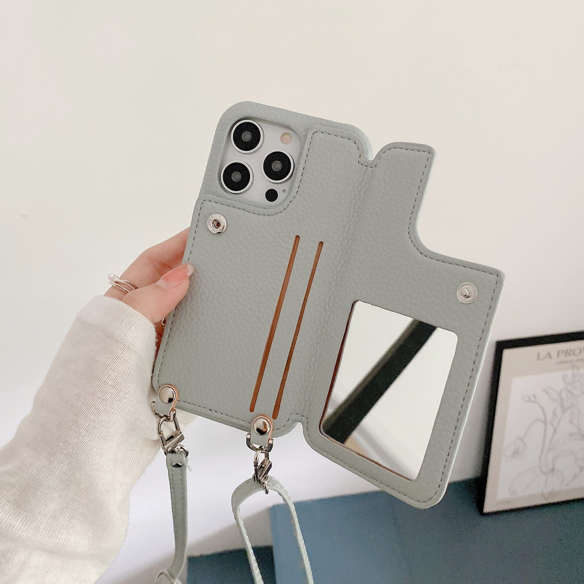 Two-Fold Beauty Mirror Zipper Crossbody Bag in Black White Khaki Cream - Teleplus beauty mirror two-fold zipper