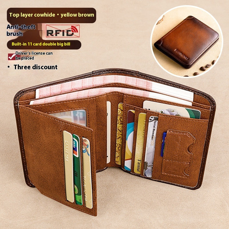 Two-Fold Yellow and Brown Cowhide Wallet with Anti-Theft RFID Blocking in the United States - Slim for Men Anticipating