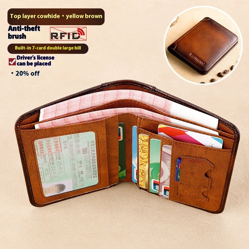 Two-Fold Yellow and Brown Cowhide Wallet with Anti-Theft RFID Blocking in the United States - Slim for Men Anticipating