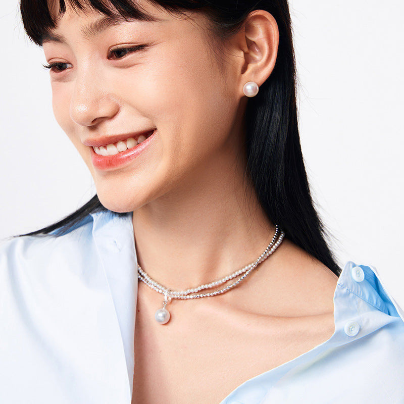 Double-Layer Silver Pearl Necklace with Mother of Pendant - Two Pieces Of French With french pearl necklace