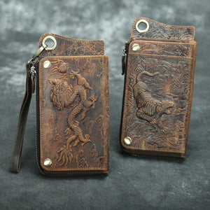 Unisex Dragon Tiger Cowhide Wallet with Zipper and Internal Card Slots - Retro That Changes Colors Styles on Demand