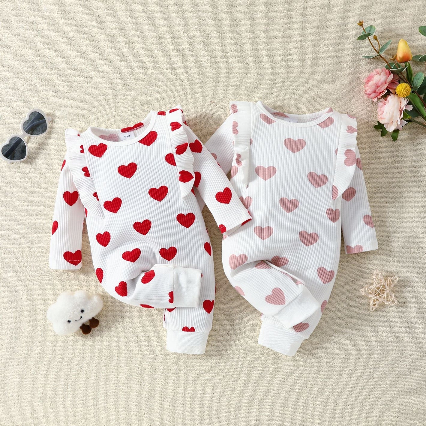 Valentine’s Day Layette Jumpsuit Spring Girls Heart Printing Jumpsuit - Valentine’s Day Heart Print Layette Jumpsuit