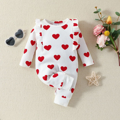 Valentine’s Day Layette Jumpsuit Spring Girls Heart Printing Jumpsuit - Valentine’s Day Heart Print Layette Jumpsuit