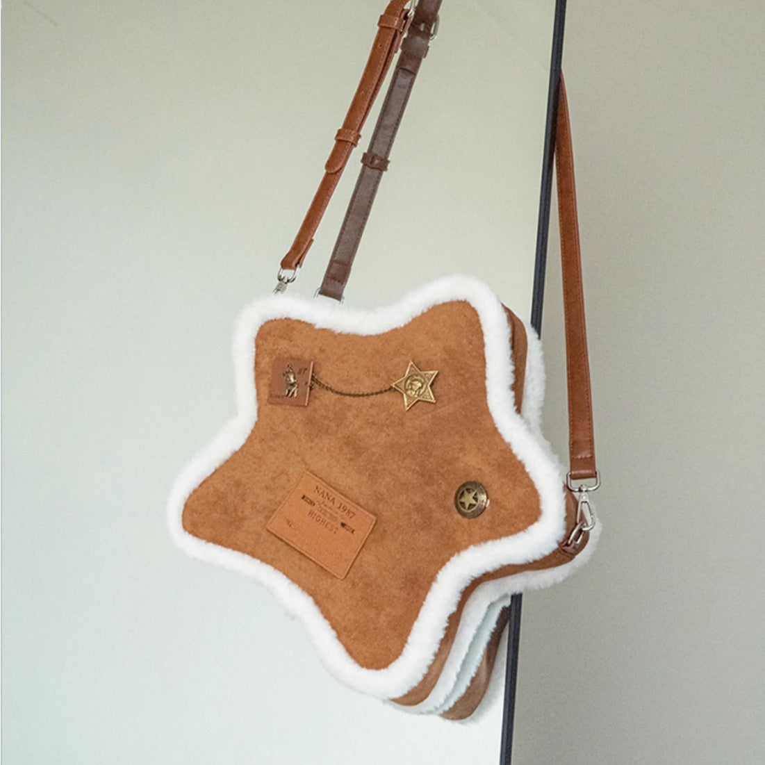 Vintage Furry Shoulder Bag Backpack Star Brown - Teleplus star backpack vintage furry shoulder bag