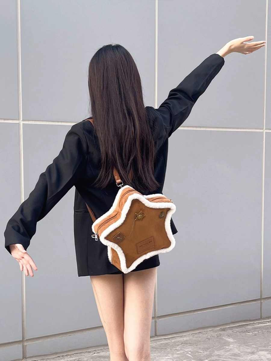 Vintage Furry Shoulder Bag Backpack Star Brown - Teleplus star backpack vintage furry shoulder bag