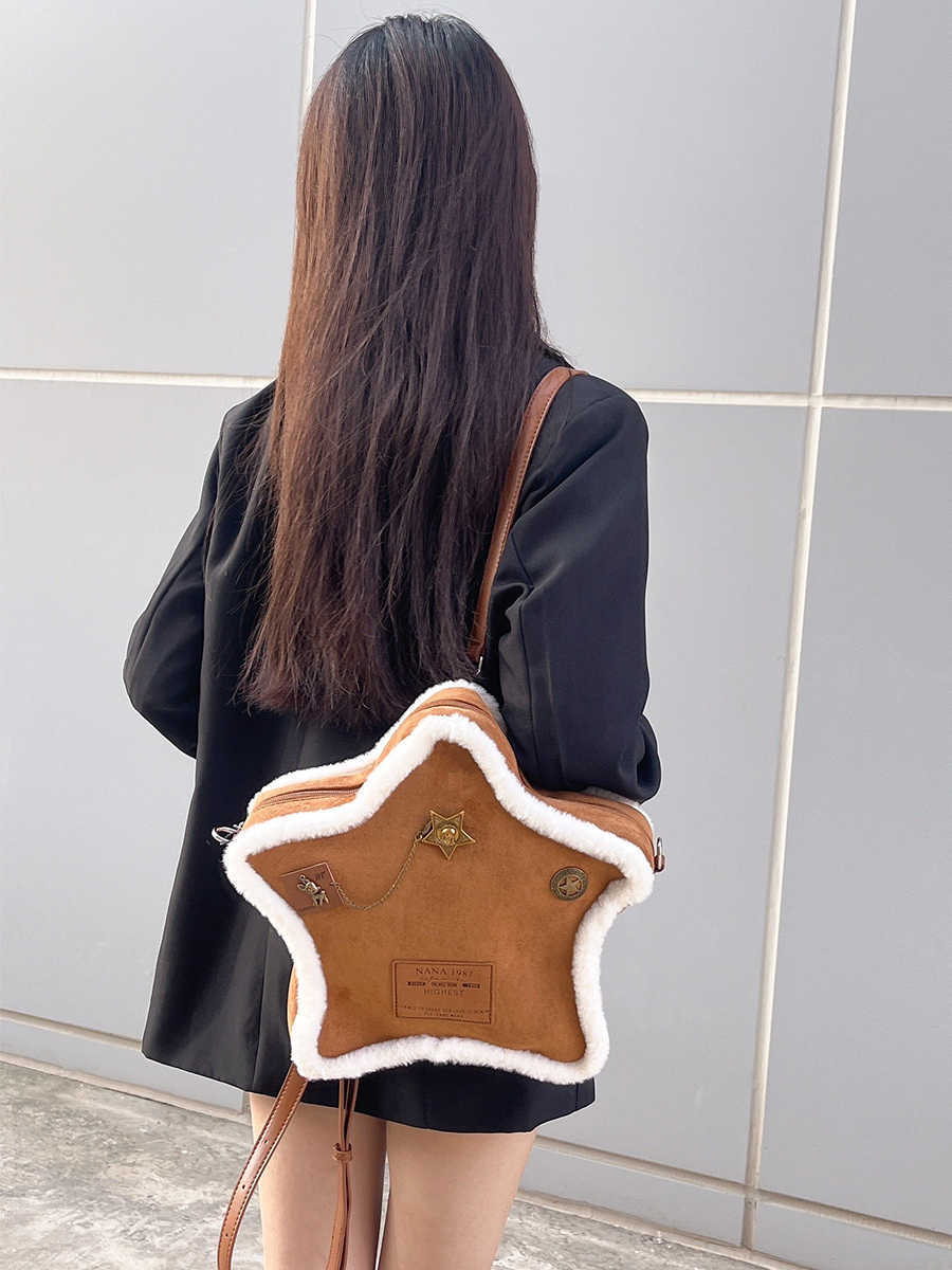 Vintage Furry Shoulder Bag Backpack Star Brown - Teleplus star backpack vintage furry shoulder bag