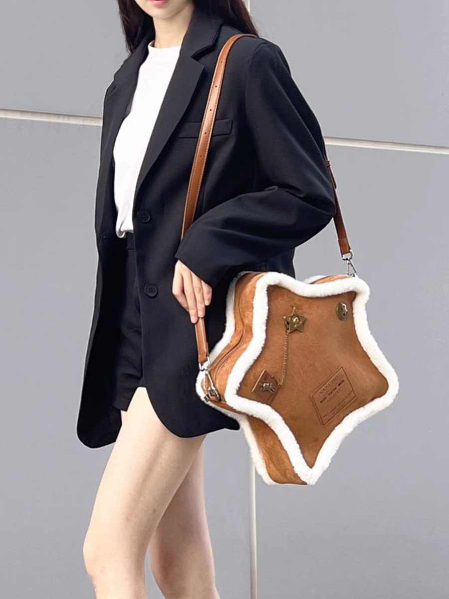 Vintage Furry Shoulder Bag Backpack Star Brown - Teleplus star backpack vintage furry shoulder bag