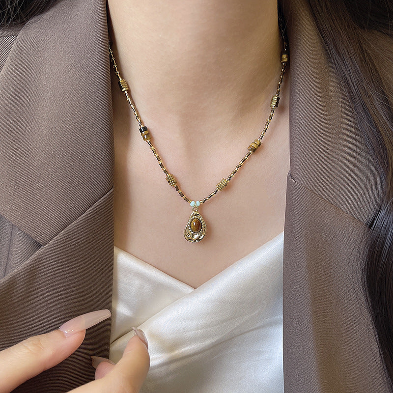 Vintage Gold Oval Tigereye Beaded Necklace Copper Electroplated Treatment - for Women vintage gold oval tigereye beaded