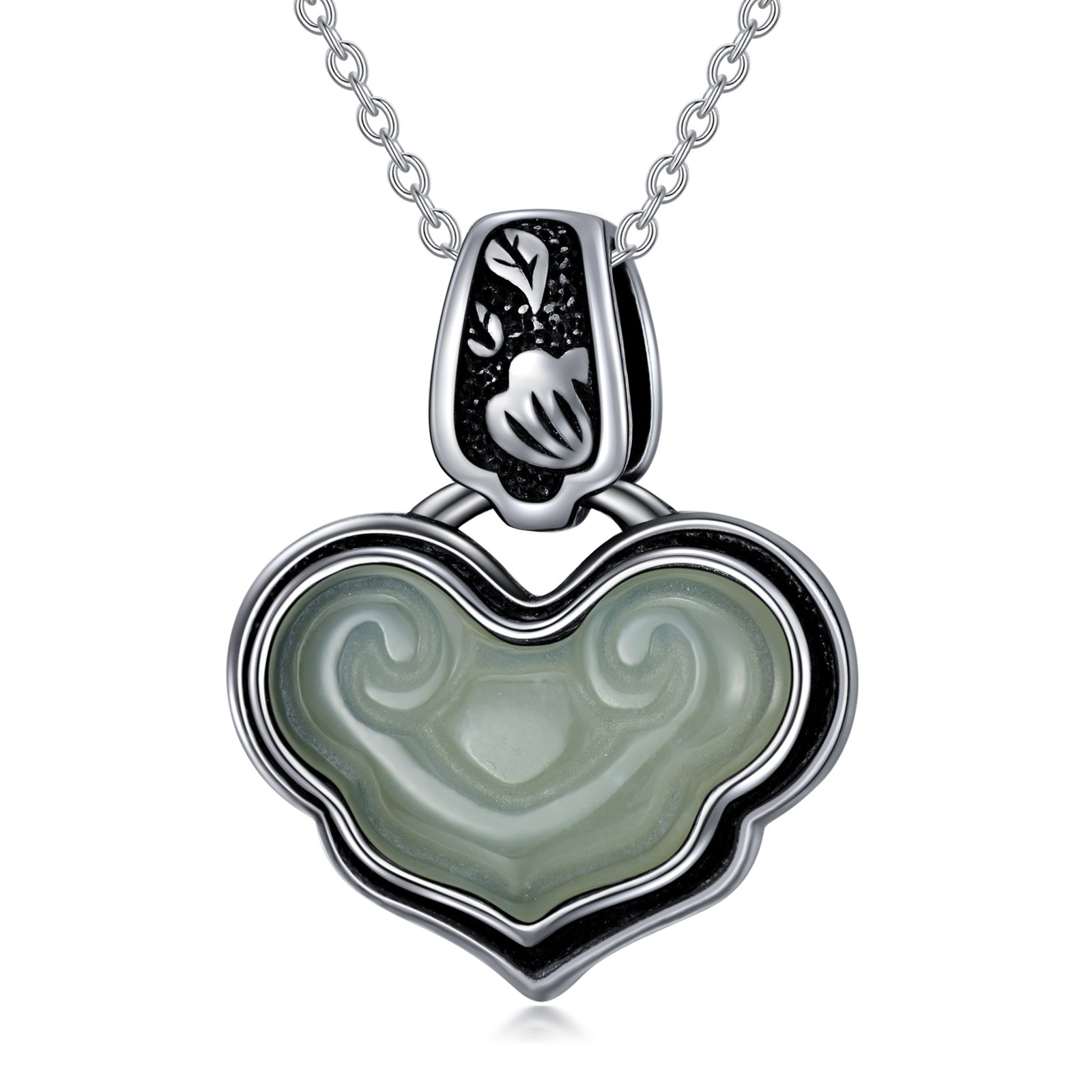 Vintage Heart Jade Pendant Necklace Sterling Silver Boho Antique Necklace Jewelry Gifts for Women Girls Wife Girlfriend