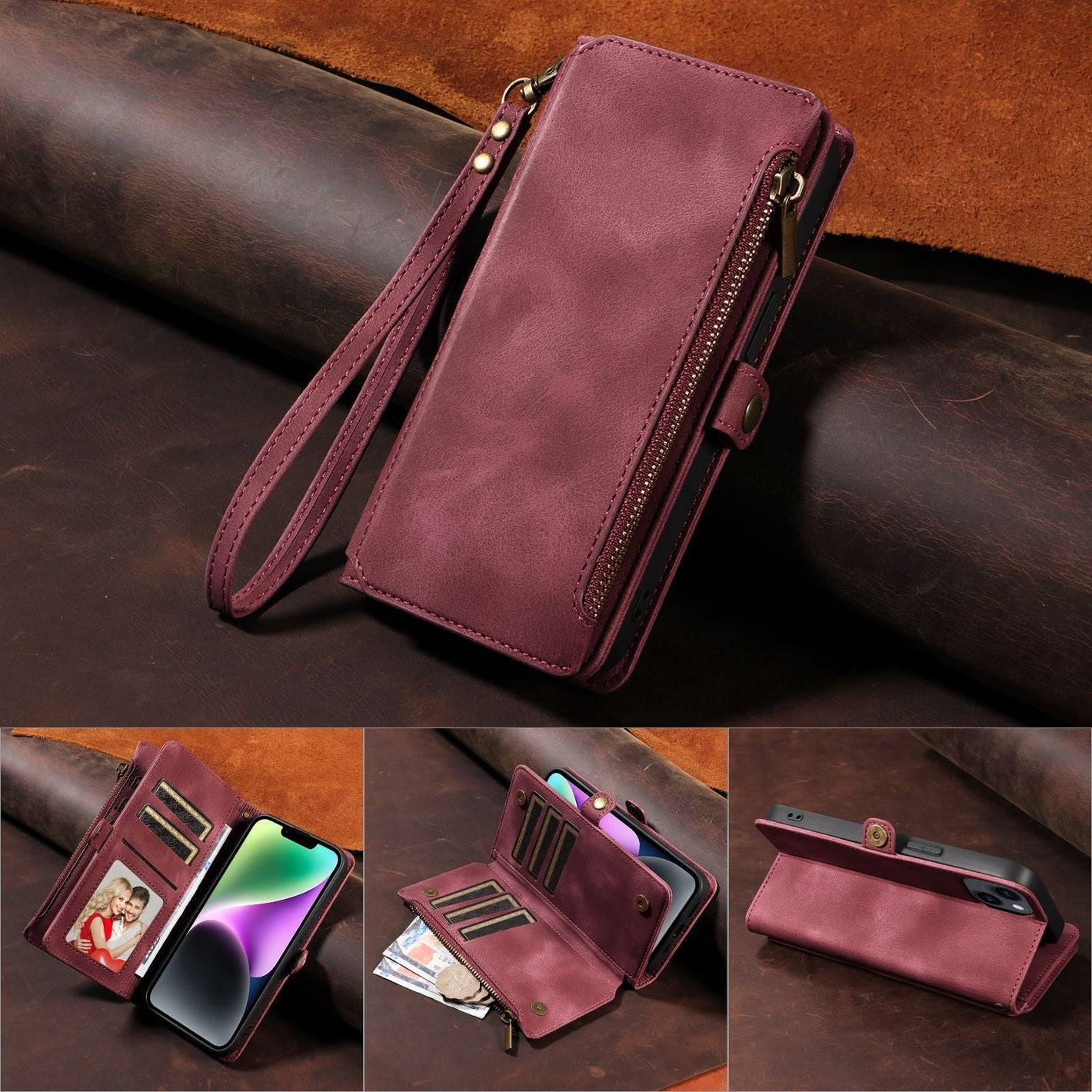 Flip zipper phone wallet with shockproof magnetic case in multiple colors - Wallet Zipper Phone Case Magnetic Suction