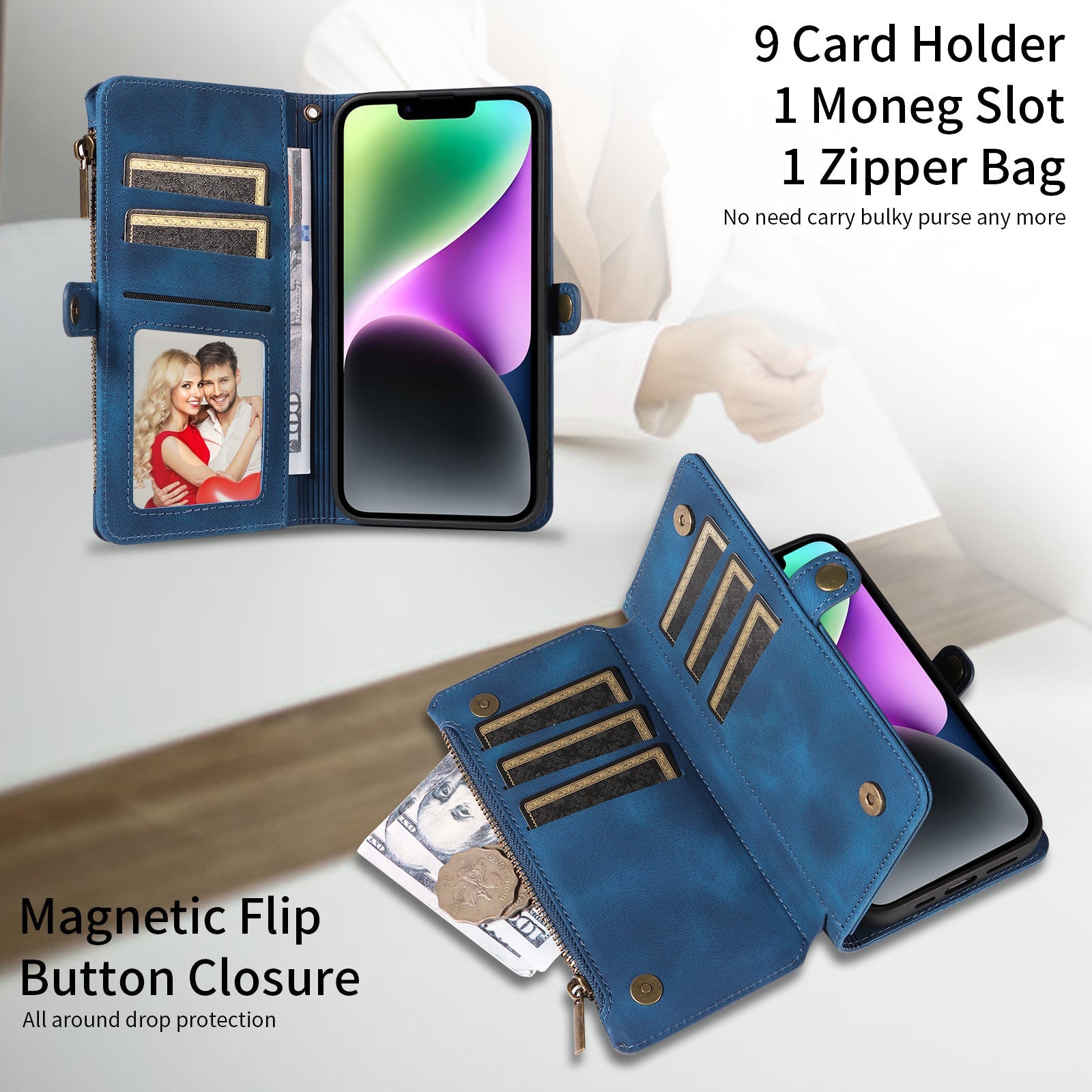 Wallet Flip Zipper Phone Leather Case - Wallet Flip Zipper Case with Magnetic Suction Options