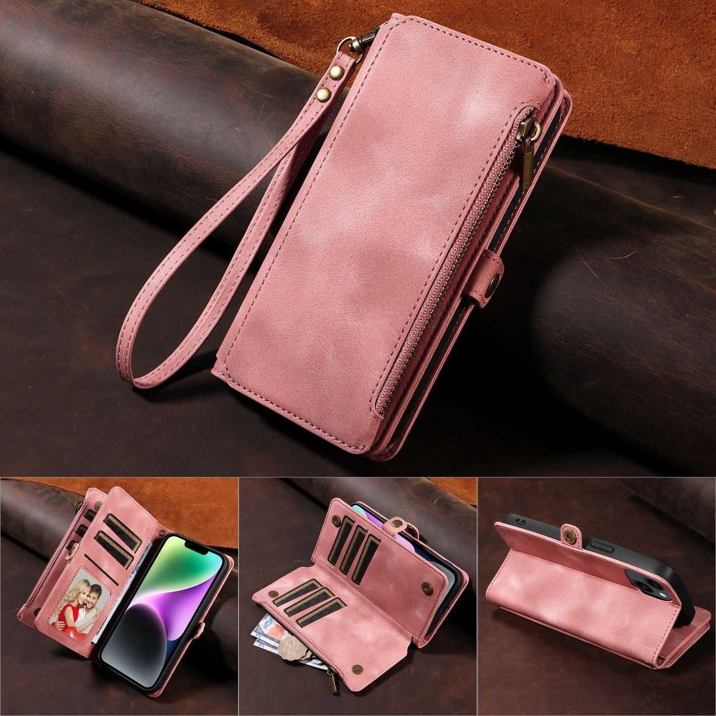 Leather Flip Zipper Phone Wallet with Magnetic and Drop-Resistant Features - Case Suction wallet flip zipper phone