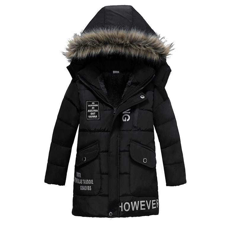Warm Cotton Jacket for Boys with Large Fur Collar Padded Winter Coat - fur collar padded warm cotton jacket large