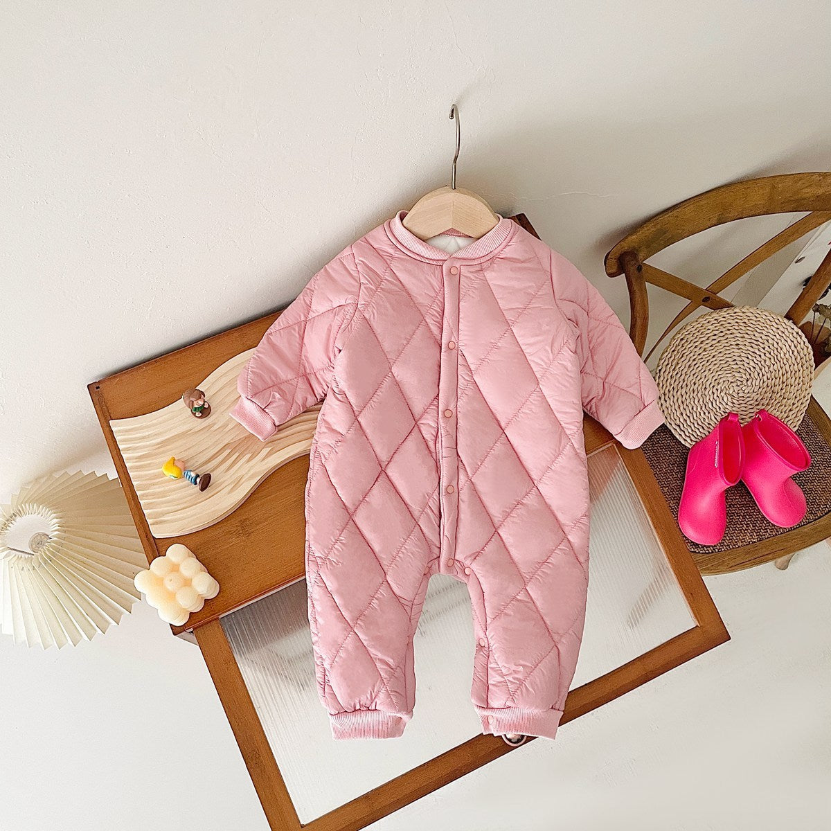 Warm Out Thickened Fleece-lined Baby Jumpsuits - Snuggle Up in Diamond Lattice Fleece Jumpsuits