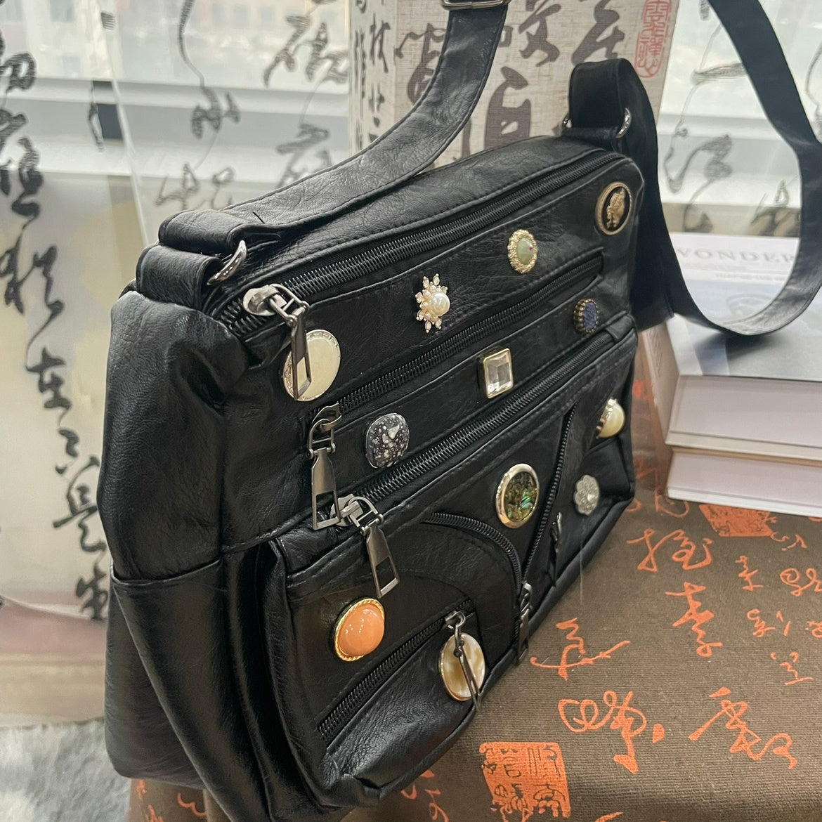 Washed Shoulder Messenger Bag with Vintage Button and Soft PU Lining - washed shoulder messenger bag vintage button