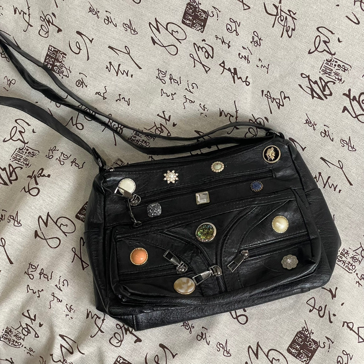 Washed Shoulder Messenger Bag with Vintage Button and Soft PU Lining - washed shoulder messenger bag vintage button
