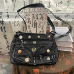 Washed Shoulder Messenger Bag with Vintage Button and Soft PU Lining - washed shoulder messenger bag vintage button