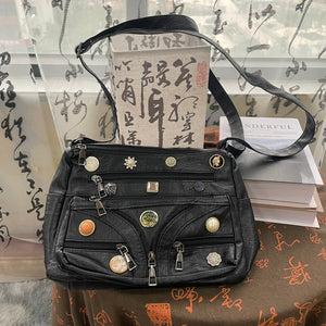 Washed Shoulder Messenger Bag with Vintage Button and Soft PU Lining - washed shoulder messenger bag vintage button