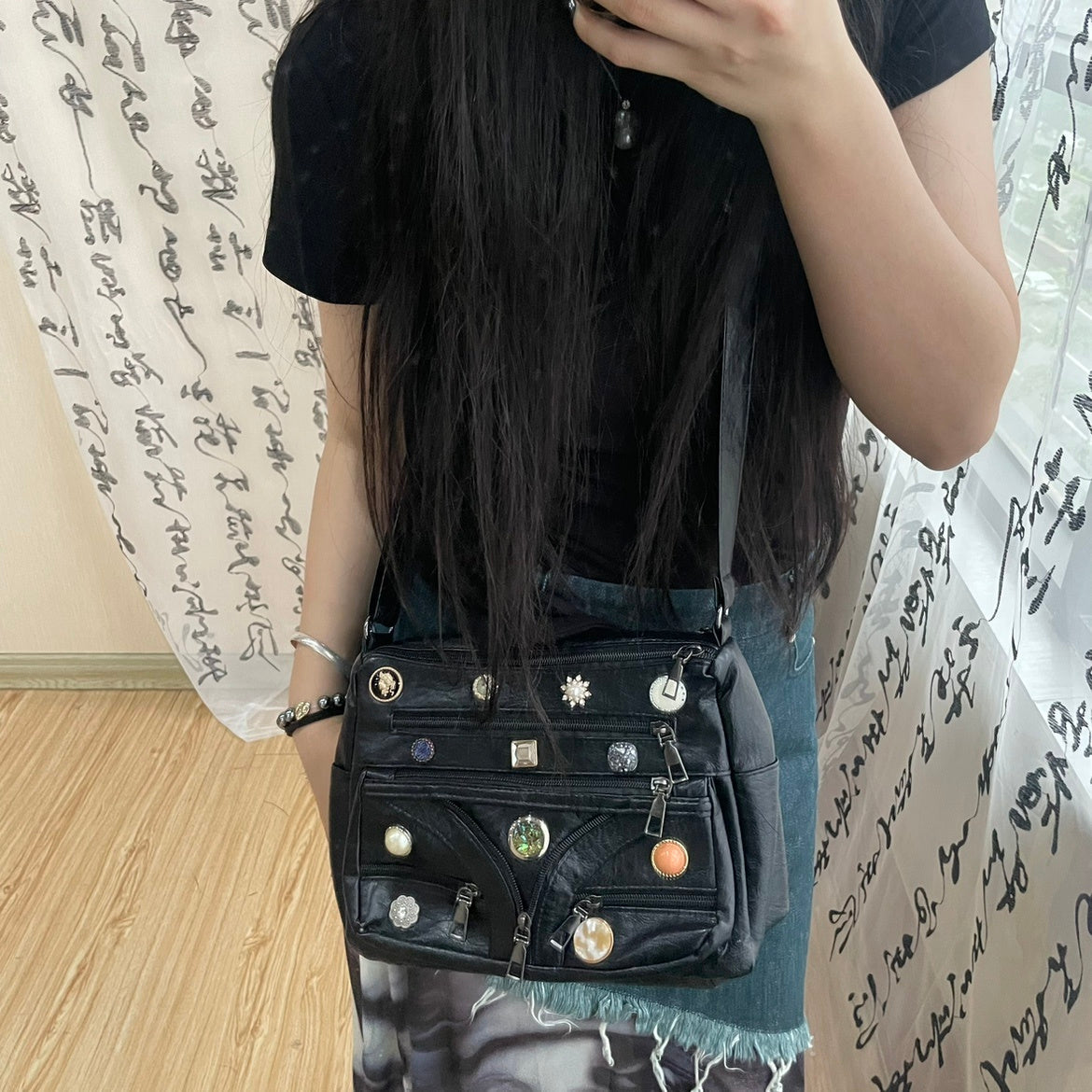 Washed Shoulder Messenger Bag with Vintage Button and Soft PU Lining - washed shoulder messenger bag vintage button