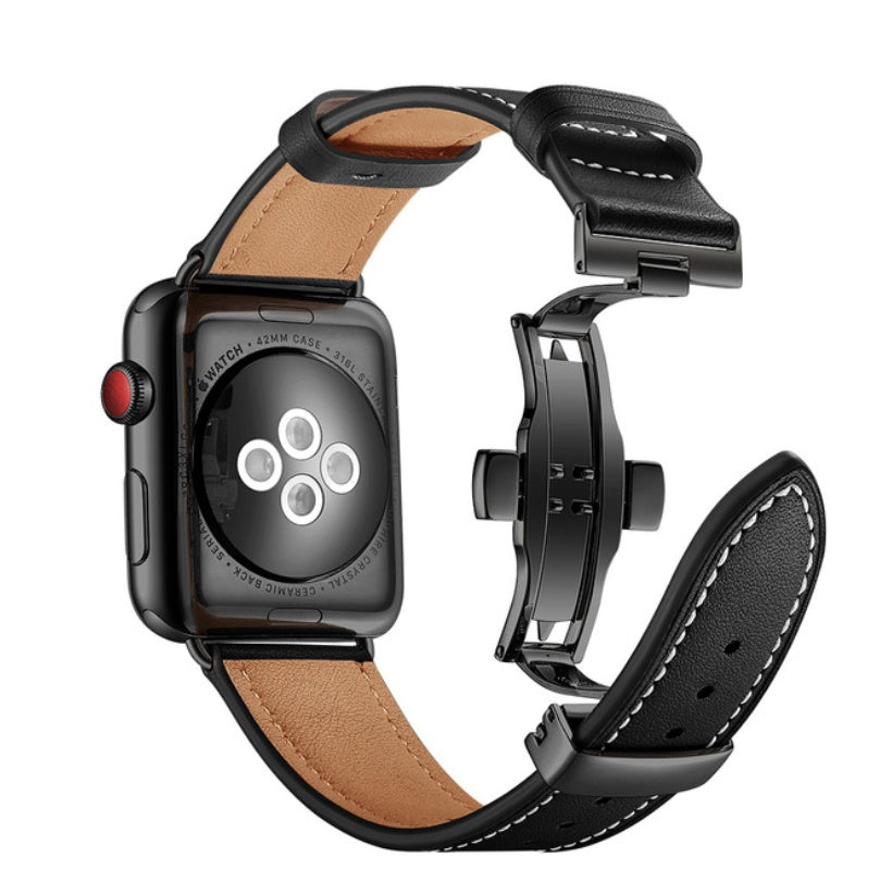 Genuine Leather Watch Strap with Butterfly Buckle for Apple Watches - 38mm 40mm genuine leather watch strap butterfly