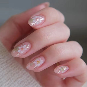 Wear Nail Flower Patch Short Almond with Fresh Design and Glue - wear nail flower patch short almond